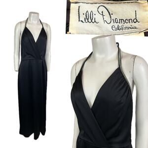 Vintage 1970s Lilli Diamond Black Halter Maxi Dress Disco Glam / Medium -